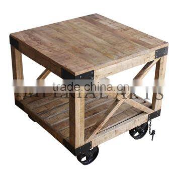 INDIAN MANGO WOOD CENTER TABLE WITH IRON WHEEL