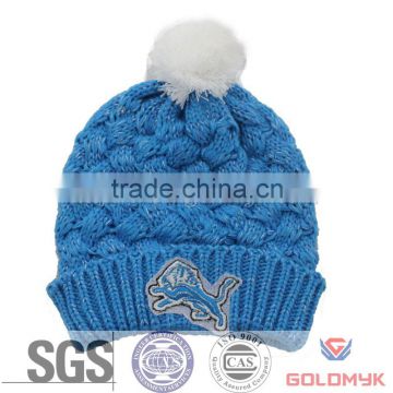 Blue Patch Embroidery Knitted Hat with Pom Pom