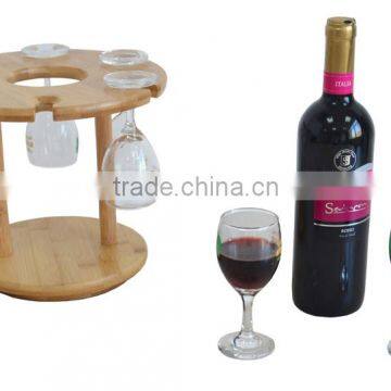 Rotating Bottom Bamboo Table Standing Wine Holder With 6 PCS Glasses photo-2