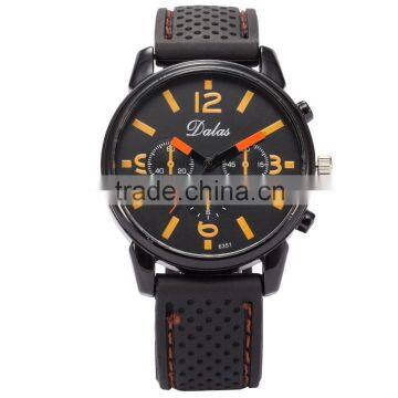Orange Dial Round Face Black Quartz Casual Men Dress Wristwatch