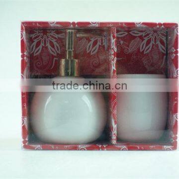 White Ceramic Bathroom Accessories Set 2 / Lotion Dispenser & Tumbler With Color Gift Box