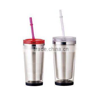 280ml/350ml/450ml stainless steel Inner steel outer plastic double layer cup with straw