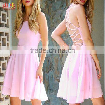 Ladies Dinner Party Dress Pink Lace Up Back Skater Dress