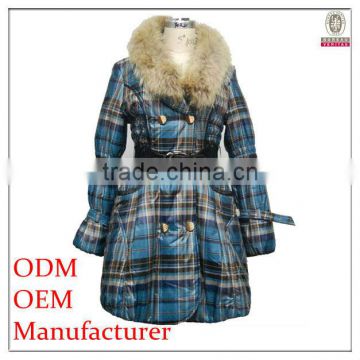 garment/apparel manufacturer fur collar metal double breasted black belt down feather padded coat