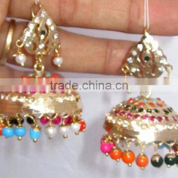 JADAU GOLD PLATED Dangler MULTICOLOR JHUMKA TEMPLE EARRINGS