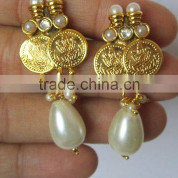 GOLD Plated Goddess Laxmi COIN Pearl Bollywood Necklace EARRING Set photo-3