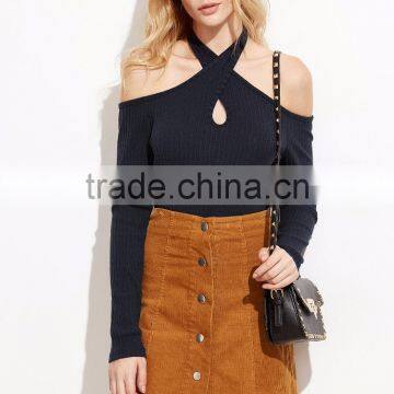 Navy Keyhole Cross Halter Neck Ribbed Bodysuit Cotton Spandex Long Sleeve Sexy Lady Sweater Bodysuit photo-3