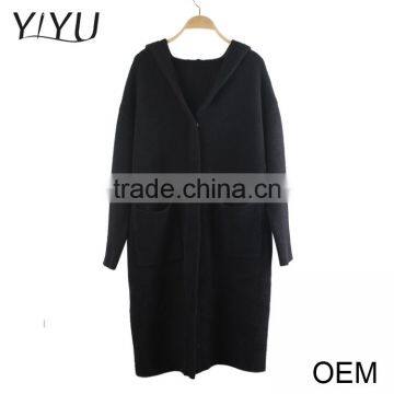 Clearance cheap black hooded three-quarter sleeve ladies cardigan sweater with pocket