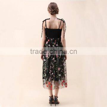 NEWEST WOMEN Self-tie Strap and Floral Embroidery Black Mesh Dress photo-5