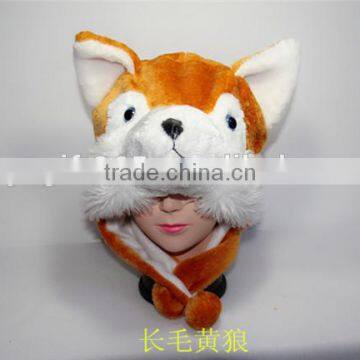 Yellow Wolf Plush Warm Hat Cartoon Animal Cap Earmuff With Ear Poms