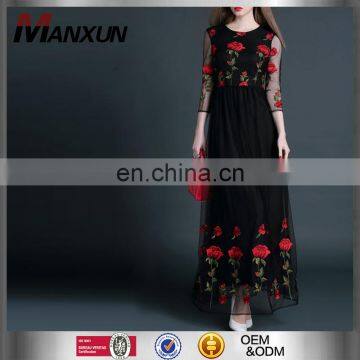 2016 Newest Spring Maxi Long Style Net Yarn 3/4 Sleeve Embroidery Evening Dress