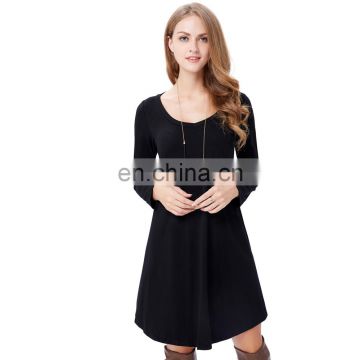 Kate Kasin Women's Casual Loose Long Sleeve V-Neck Irregular Wide Hem Cotton Black Dress KK000489-1