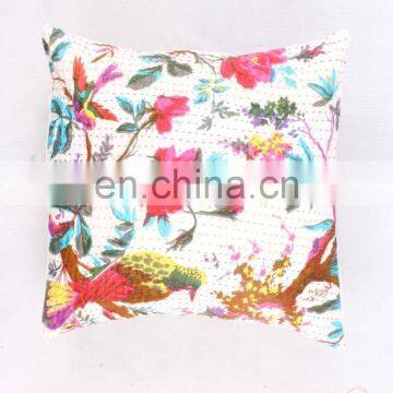 Hand Stitched Handmade indian White Bird Floral Design Cushion Cover decorative pillow cover handmade Kantha cushion cover