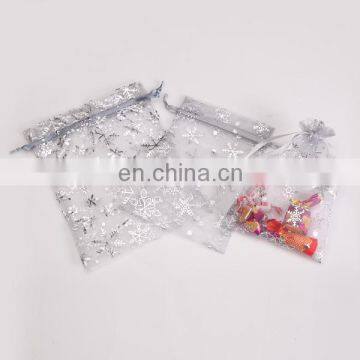 2015 Hot Sale Pouch In Europe Custom White Snowflake Printed Logo Organza Bags