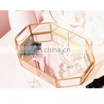 Gold Copper Tray Mirror, Jewelry Perfume Makeup Mirror Tray