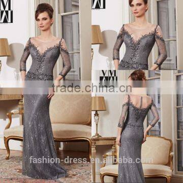 New Elegant Three Quarter Sleeves Beaded Gray Lace Evening Dresses