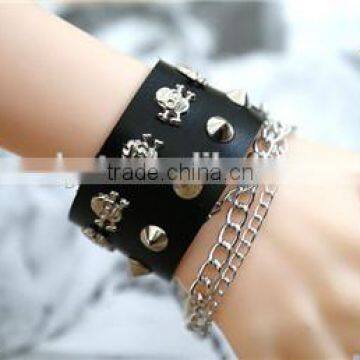 new model broader real leather punk press studs rivet men bracelets with finger ring chain