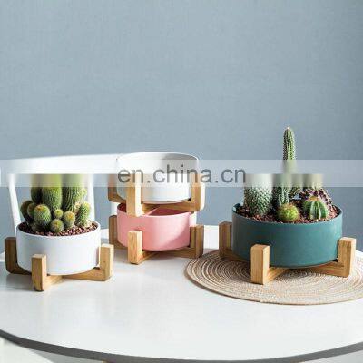 Factory Price Planter Pots Plants Ceramic Supplies Plant Home Garden Flower Pot With Wooden Rack