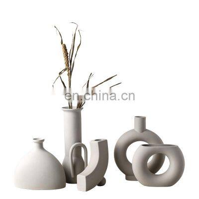 Home Trendy Nordic Minimalist Ceramic Vase Dry Flower White Ceramic Circle Vase For Home Decor