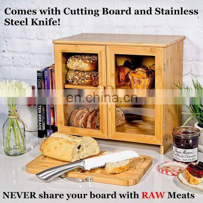 Kitchen Large Bamboo Bread Box For Kitchen Countertop Comes With Thick Bamboo Cutting Board And Stainless Steel Bread Knife photo-2