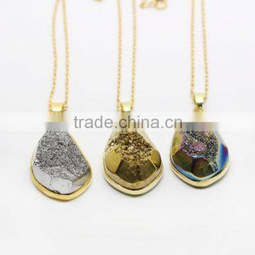 NE0505 Trendy gold plated faceted geode window crystal druzy necklace