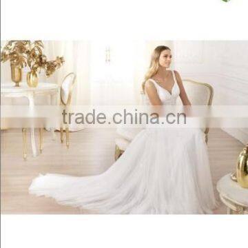 White Tulle Lace Sleeveless V Neckline New Arrival Crystal Wedding