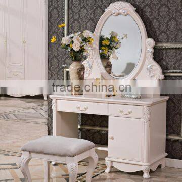 Luxury Antique European French Baroque Style Ivory White Hand Carved Wooden MDF Vanity Dressing Table Set photo-6