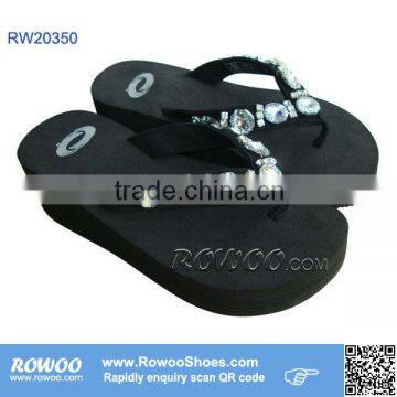 Ladies black wedge flip flops with rhinestones