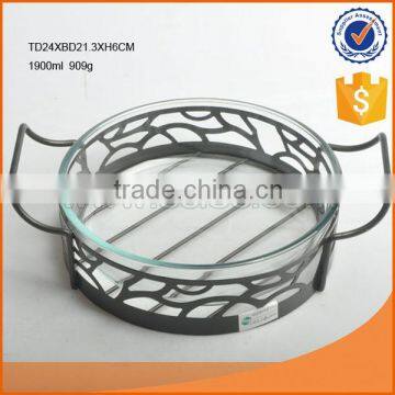 whole sale D24cm clear round smooth pyrex glass dish with metal stand