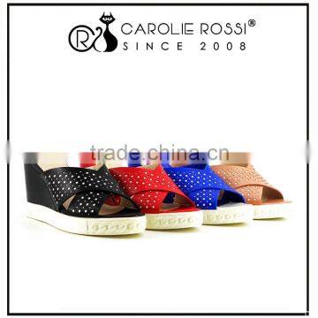 mix colors hollow cut off gladitor wedge pu leather slipper with white tpr sole