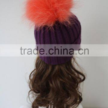 Deluxe Style Big Raccoon Fur Ball Knitted Rib Beanie Hat Original Design Fur Pompom Knit Wool Cap