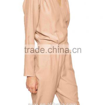 Long Sleeve V-neckline Pink Wrinkled Elastic Elegant Women Long Jumpsuit photo-3