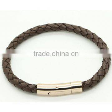 men's brown leather bracelet with steel charm