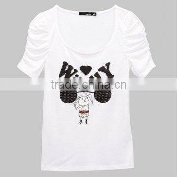 women printing puff sleeve t shirt with rivet/women fashion design t shirt