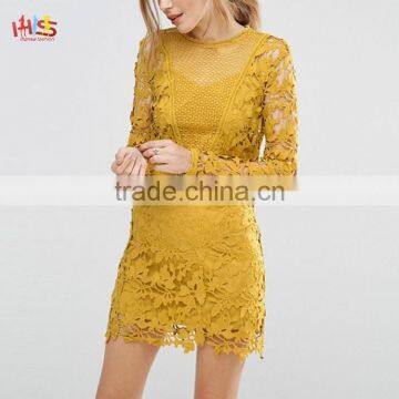 Mustard Lace Long Sleeve Paneled Floral Shift Dress Round Neck Zip Back Bodycon Dress HSD7906