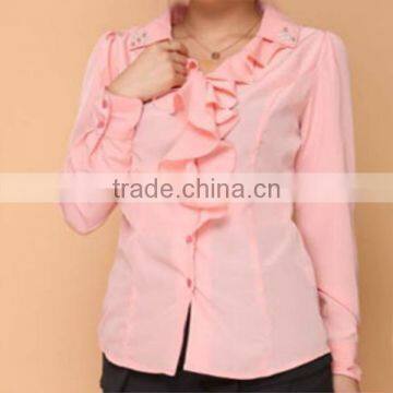Wholesale Ladies Tops Cheap Price Long Sleeve Ruffled Neckline Mature Ladies Blouse photo-3