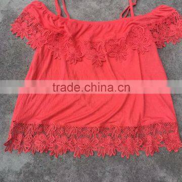 Stocklots Ladies Lace Plain Red Boat Neck T-shirts photo-4