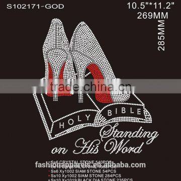 custom high quality crystal High heels&Holy bible hot fix rhinestone for clothing made in china