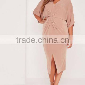 Plus Size Midi Dress Pink Long Sleeve Knot Sexy Elegance Dress Custom Split Hem Dress photo-3