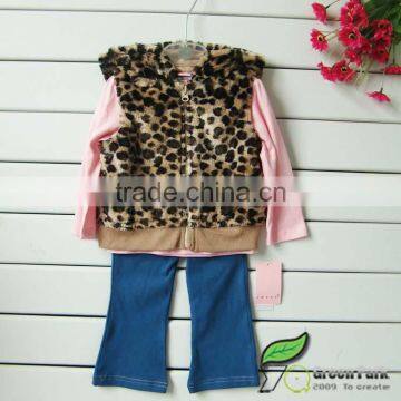 fashion girls leopard feather vest +pink long sleeve sweetie t shirts+Jeans 3pcs outfits girls suits baby clothing sets winter