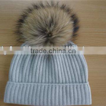 Winter man rib knitted cashmere pom pom hat wholesale