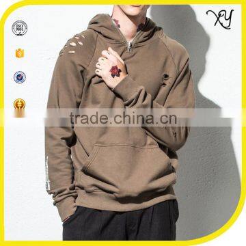 2017 Custom Mens Blank French Terry Ripped Full Zip Distressed Sweatshirts Hoodie