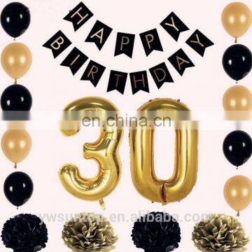 Customized Gold Number Balloon with Happy Birthday Paper Banner Pom Poms Party Decoration Kit Shower Backfrop 17pcs/set