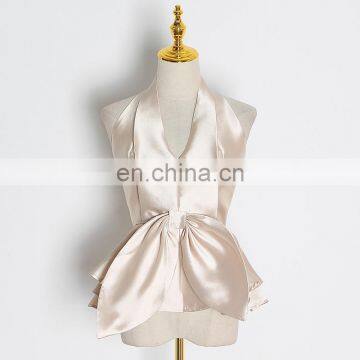 TWOTWINSTYLE Women Shirt Halter Sleeveless Backless Short Blouse Patchwork Bowknot Slim photo-6