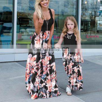 Mom and Daughter Dress Sleeveless Casual Patchwork Flower Long Dress Mommy and me clothes Mother daughter dresses