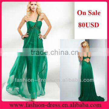 One Shoulder Beaded open Back Chiffon Green Evening Dress On Sale 80USD