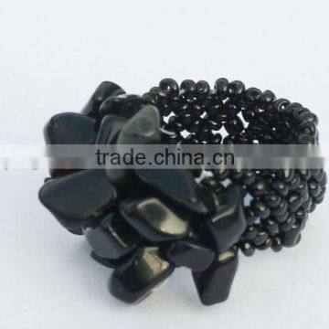 obsidian Chip stone Stretch Seed Glass beads Ring