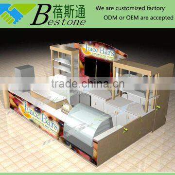 Fashion retail merchandising juice kiosk design, commercial wooden bar counter for sale