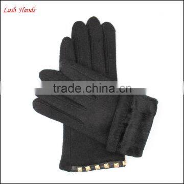 ladies simple woolen gloves decorated with square metal buttons for wholesale