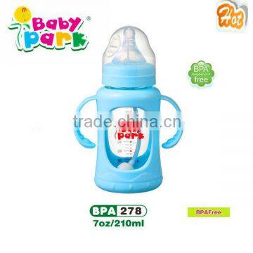 bpa free anti-explosion baby glass feeding bottle with double handle 2015